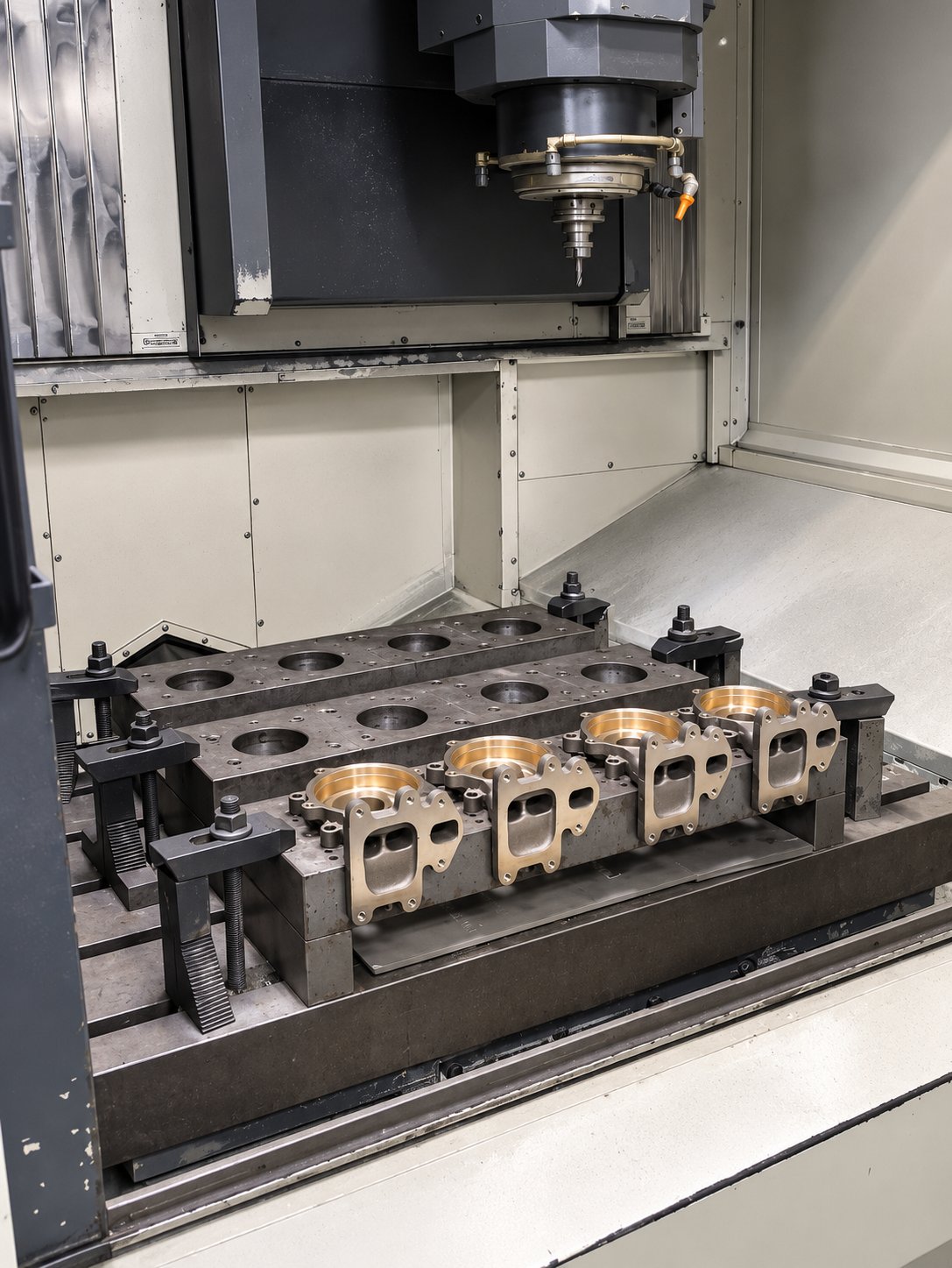 Inside the Makino S33 VMC: cast pump covers clamped on a production fixture at CPS Machining Thailand