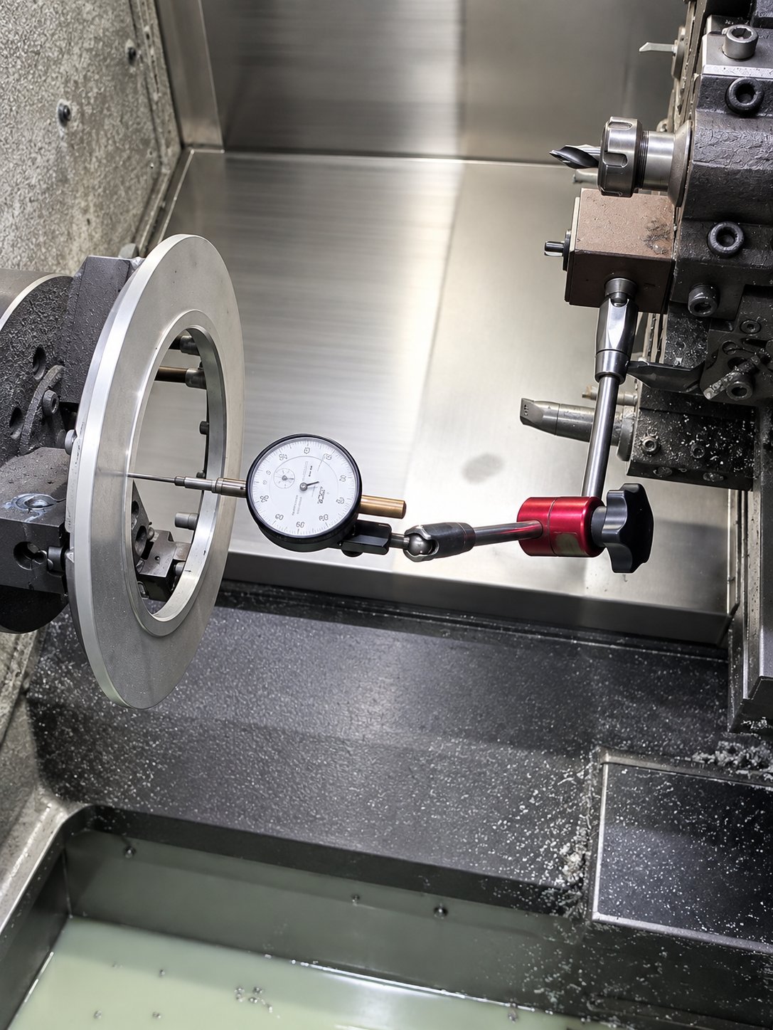Electric stove face ring on a CNC lathe chuck, runout checked with a dial indicator on a magnetic base before the lot — CNC turning service, Bangkok